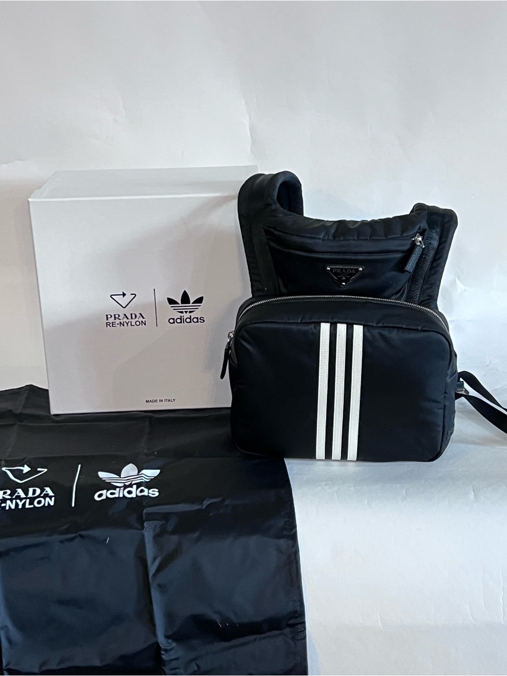 Black Nylon Crossbody Bag with White Stripe